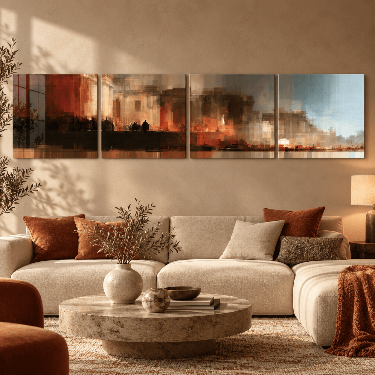 Crimson and amber abstract cityscape art above a cream sofa with round stone coffee table